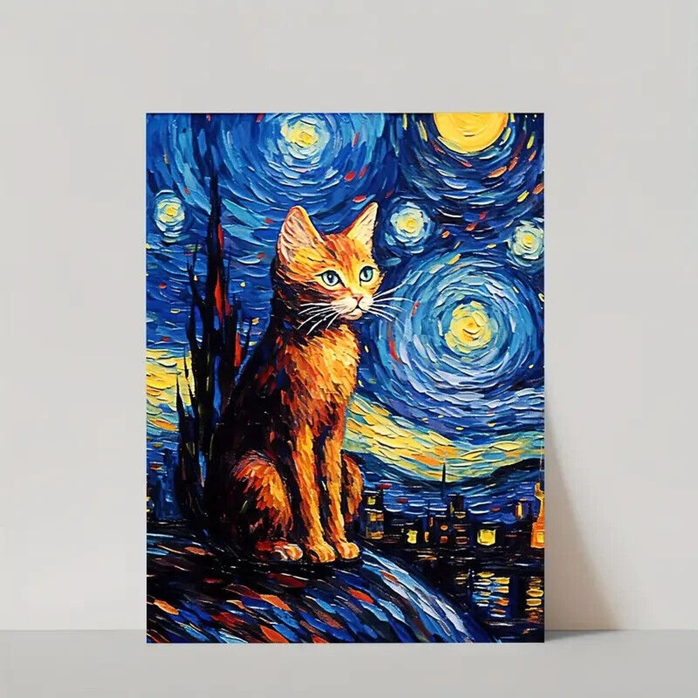 Orange Cat Abstract Starry Sky Vibrant Canvas Art Print 15.7" x 19.6" NEW! Home & Garden:Home Décor:Posters & Prints Style Your Walls